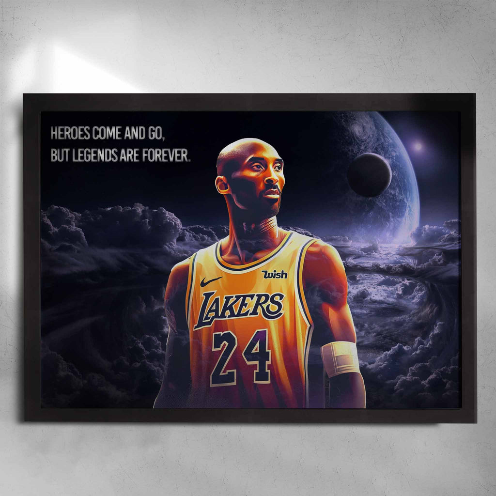 Black framed NBA Art featuring Kobe Bryant from the Las Angeles Lakers - Artwork by Sports Cave.