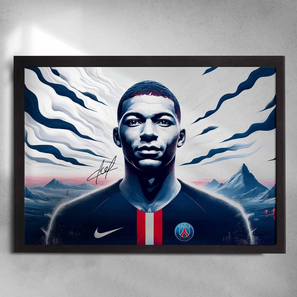 Kylian Mbappe Signed Poster in a Black frame by Sports Cave.