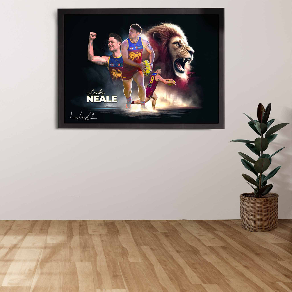 Brisbane Lions AFL Fan with a Black framed Lachie Neale poster displayed in there home.