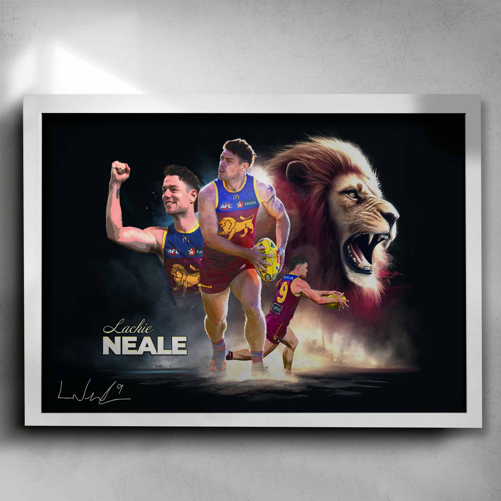 White framed Lachie Neale Brisbane Lions Poster by Sports Cave.