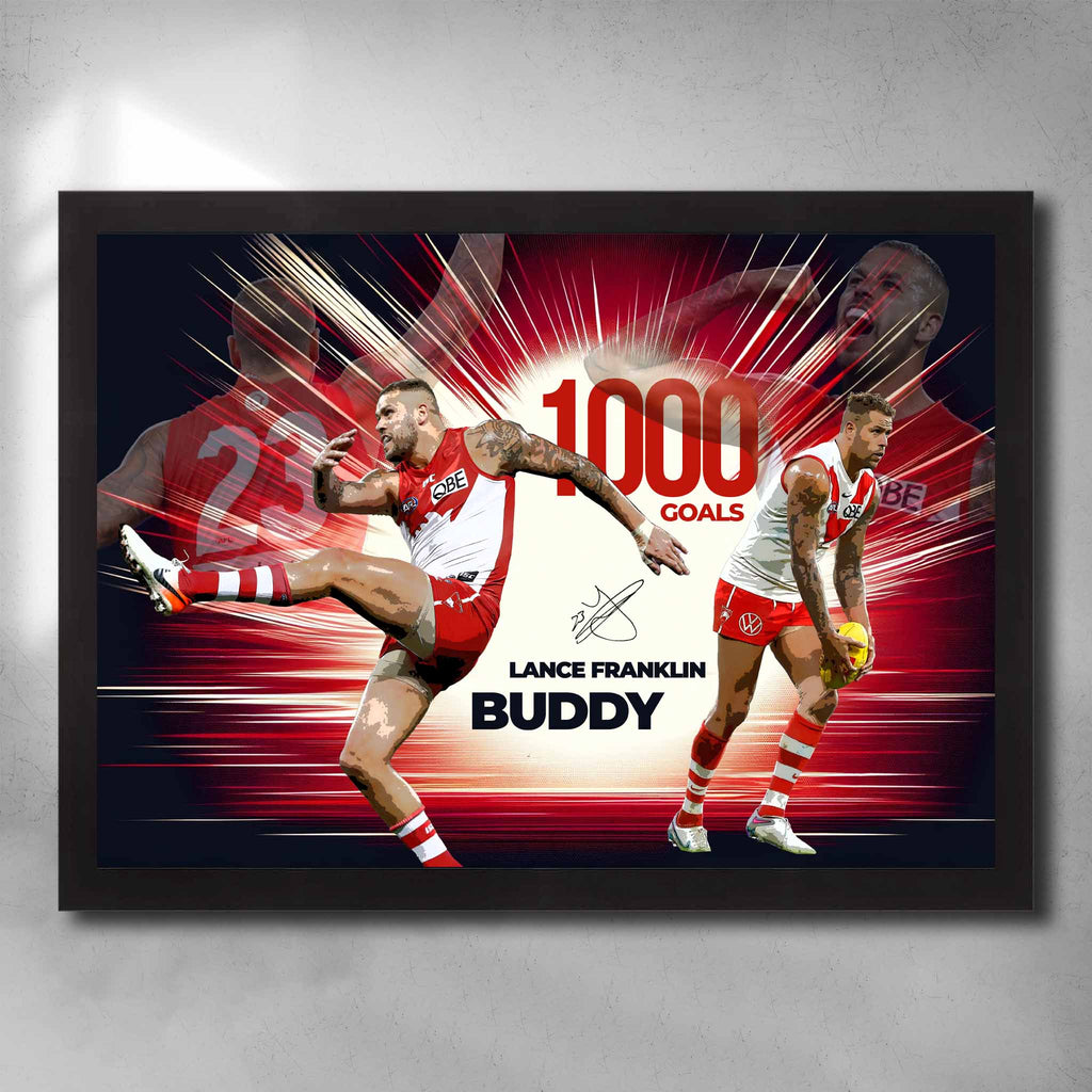 Black framed AFL art by Sports Cave, featuring Lance "Buddy" Franklin from the Sydney Swans.