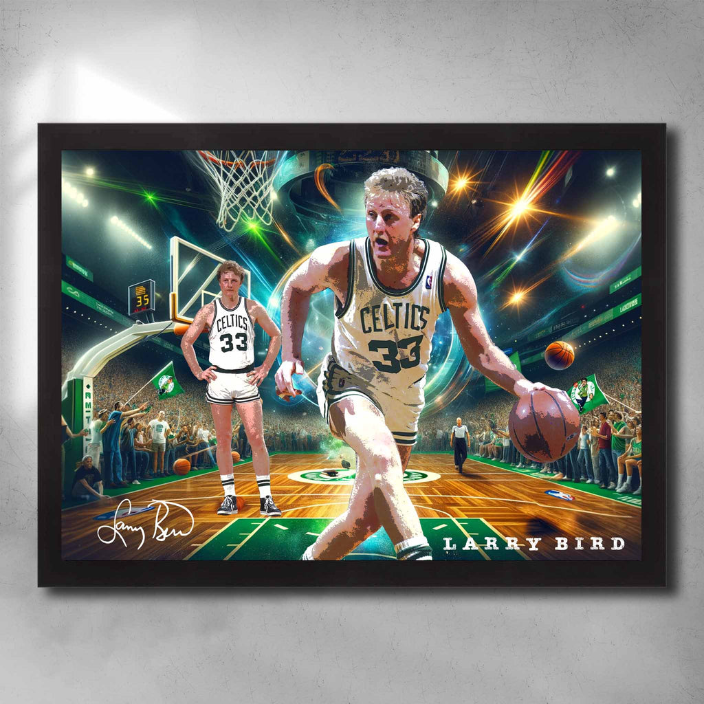Black framed NBA art by Sports Cave, featuring Larry Bird from the Boston Celtics.