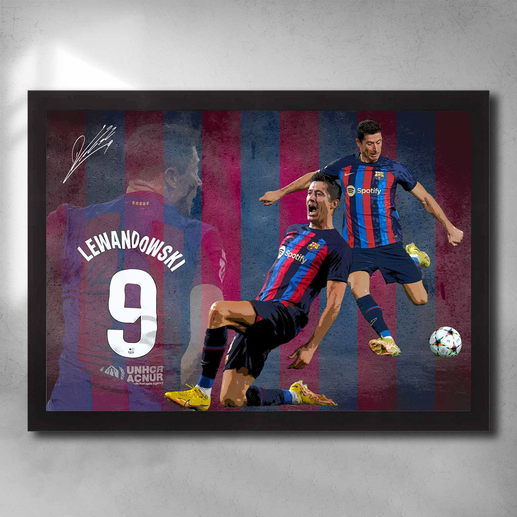 Black framed soccer art by Sports Cave, featuring Robert Lewandowski from Barcelona Football Club.