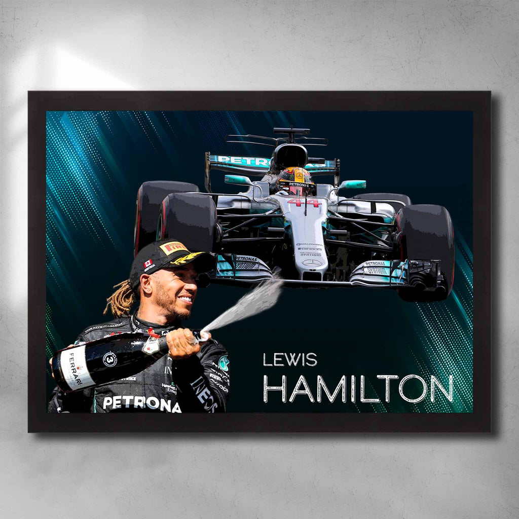 Black framed Formula One Art by Sports Cave, featuring Lewis Hamilton.