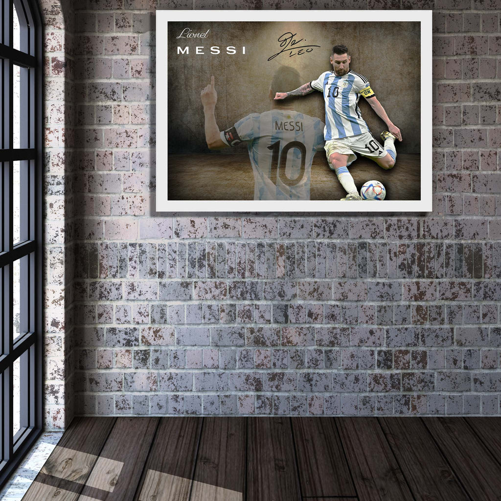 Lionel Messi Argentina Art hung on a brick wall by a window. 