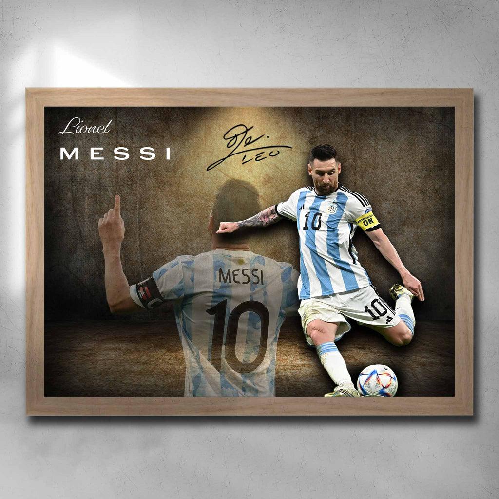 Oak framed soccer art featuring a signed Lionel Messi print in the Argentina world cup game by Sports Cave.