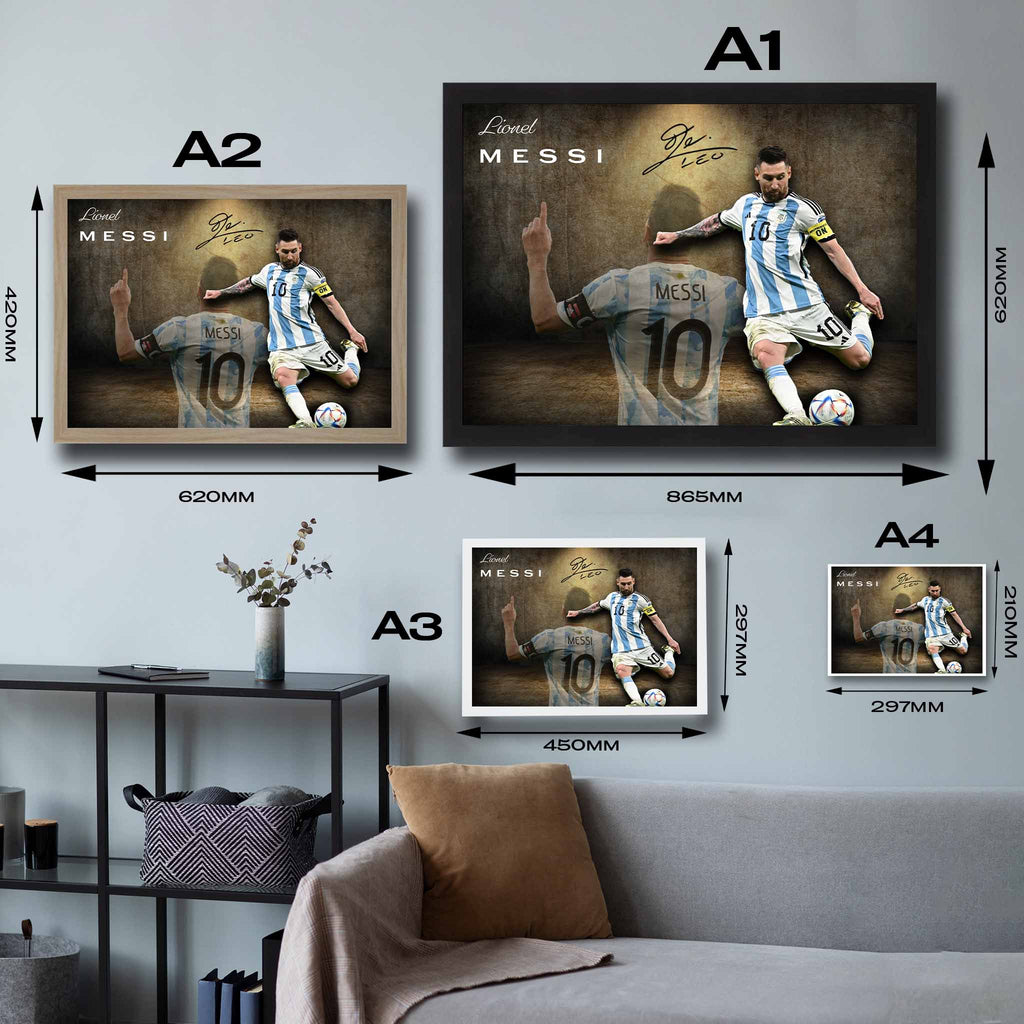 Visual representation of Lionel Messi framed art size options, ranging from A4 to A2, to assist customers in selecting the right size for their space and preferences.