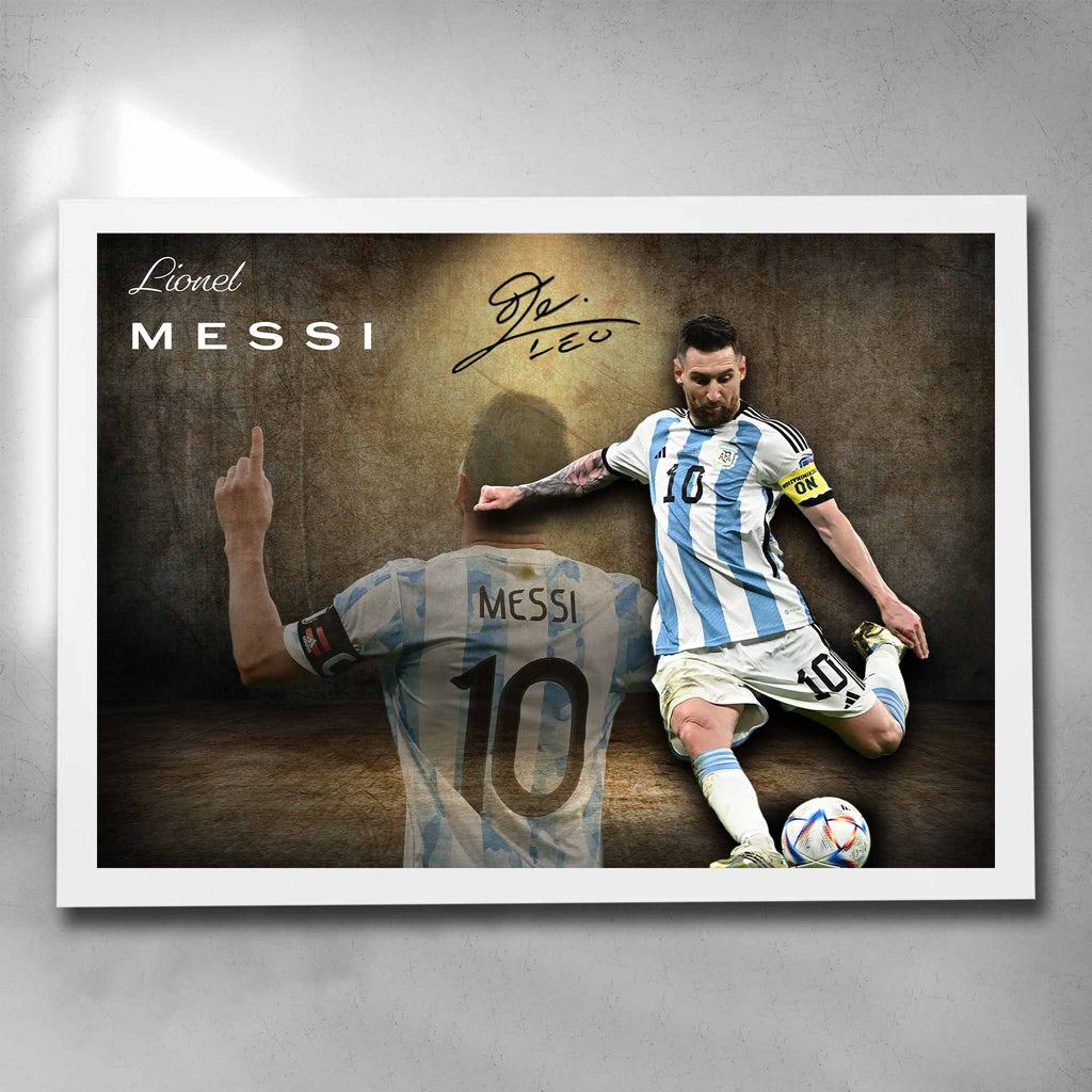 Elegant white framed soccer art featuring a signed Lionel Messi print in the Argentina world cup game by Sports Cave.