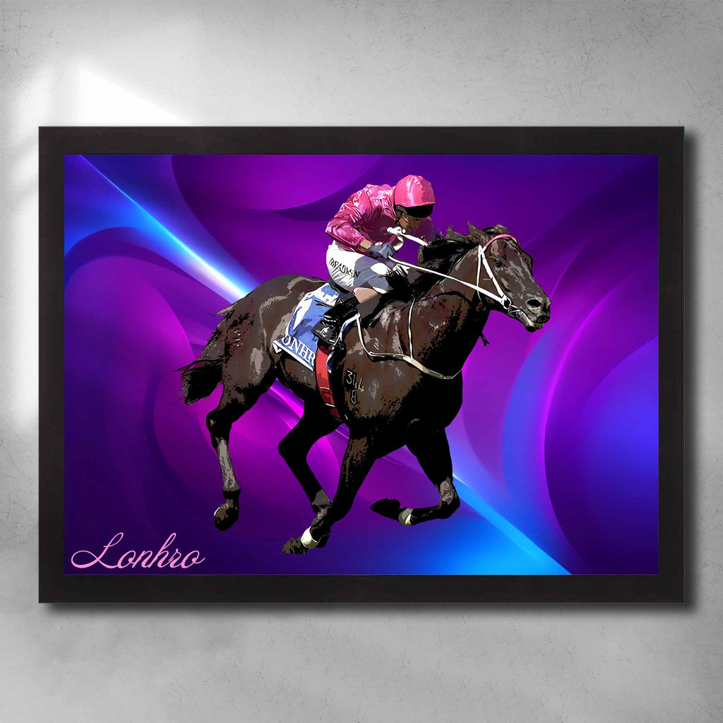 Black framed horse racing art by Sports Cave, featuring the legendary racehorse Lonhro.