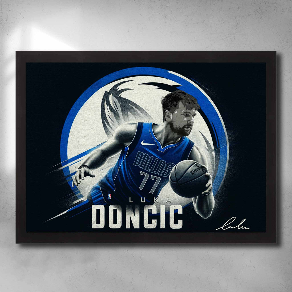 Black framed NBA Art by Sports Cave featuring Luka Doncic from the Dallas Mavericks.