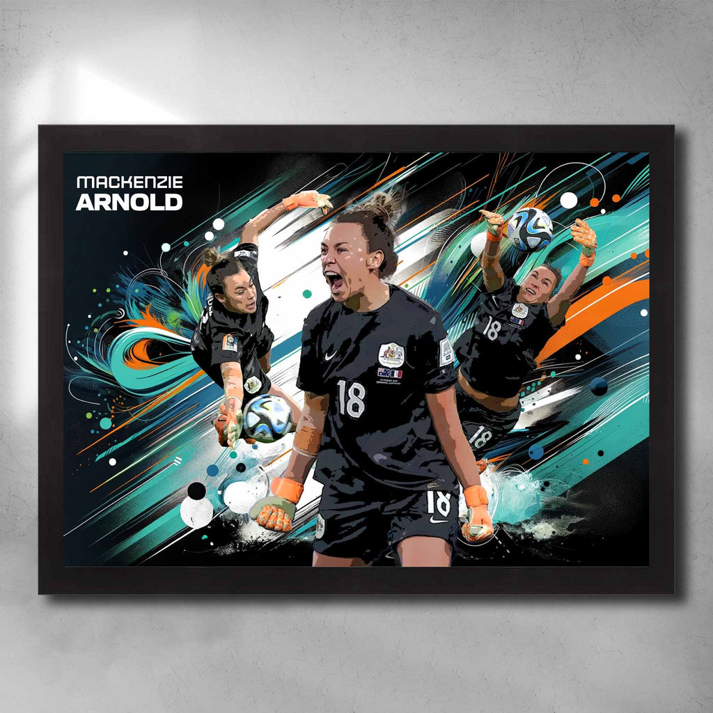 Black framed soccer art by Sports Cave featuring Mackenzie Arnold the goalkeeper from the Australian Matilda's.