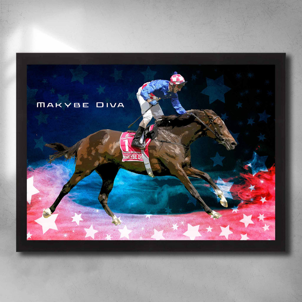 Black framed horse racing art by Sports Cave, featuring the three time Melbourne Cup winner Makybe Diva ridden by Glen Boss.