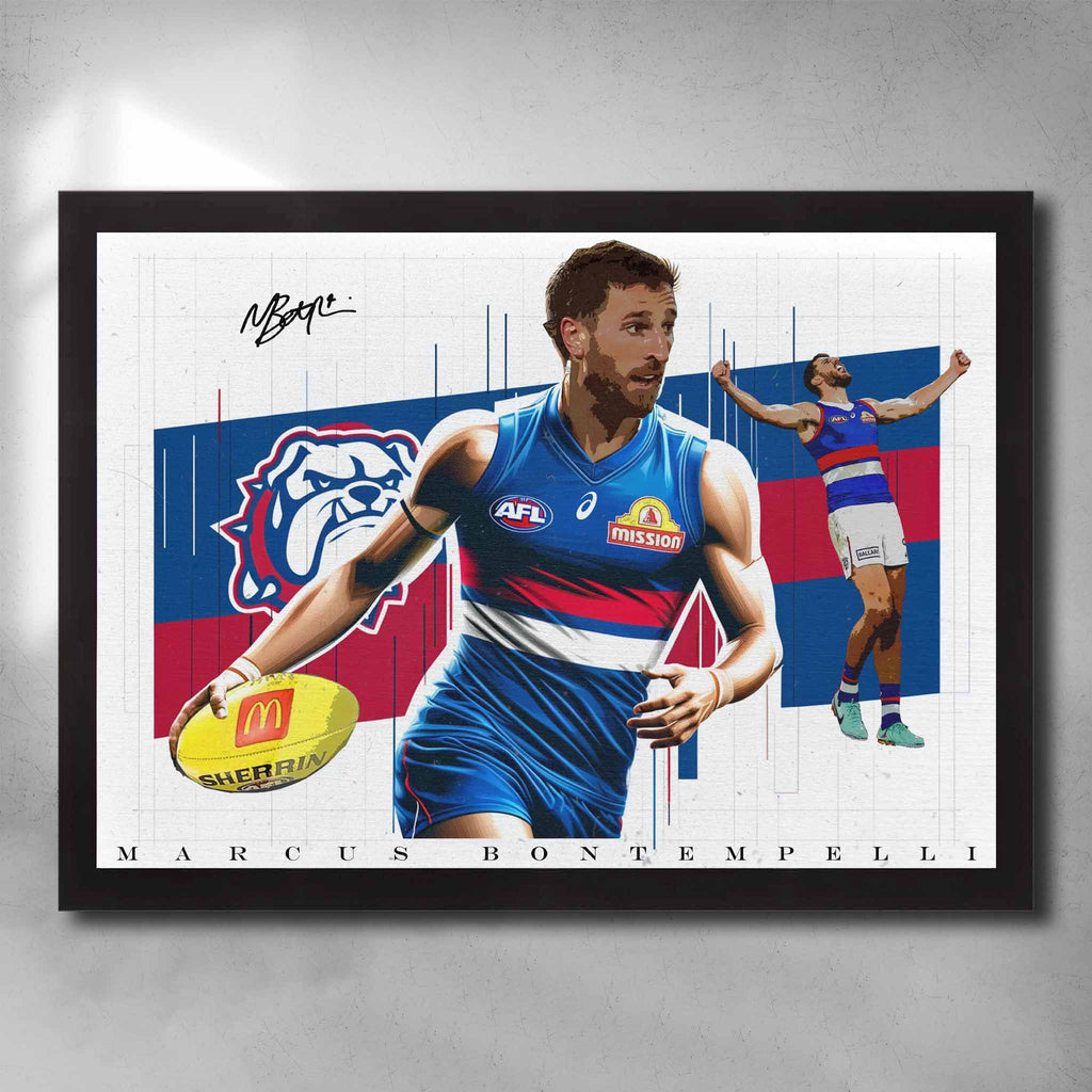 Black framed AFL Art by Sports Cave, featuring Marcus Bontempelli from the Western Bulldogs.