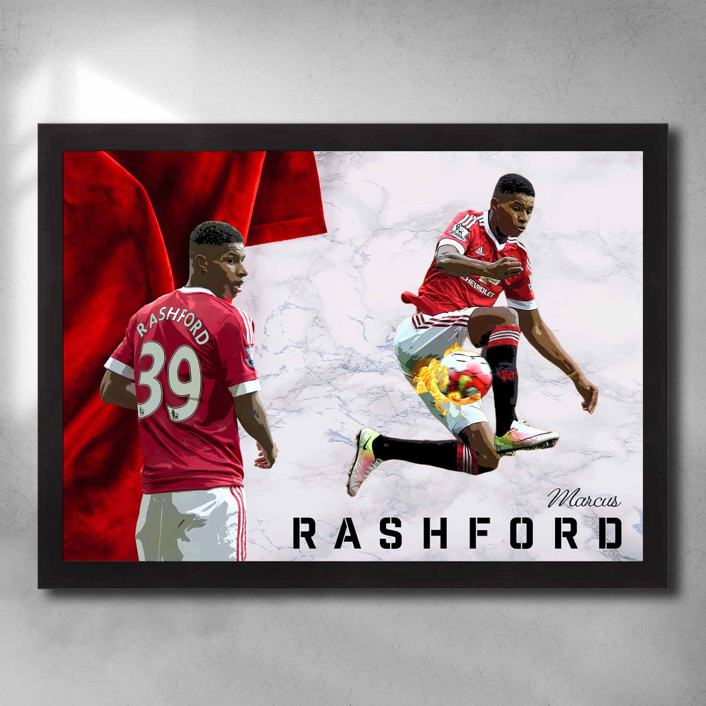 Black framed Manchester United Art by Sports Cave, featuring soccer player Marcus Rashford.
