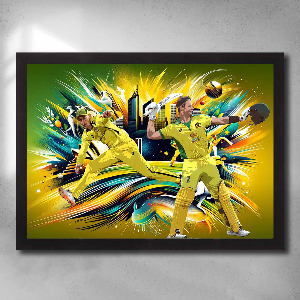 Black framed cricket art featuring Manus Labuschagne and Steve Smith from the Australian ODI Team - Artwork by Sports Cave.