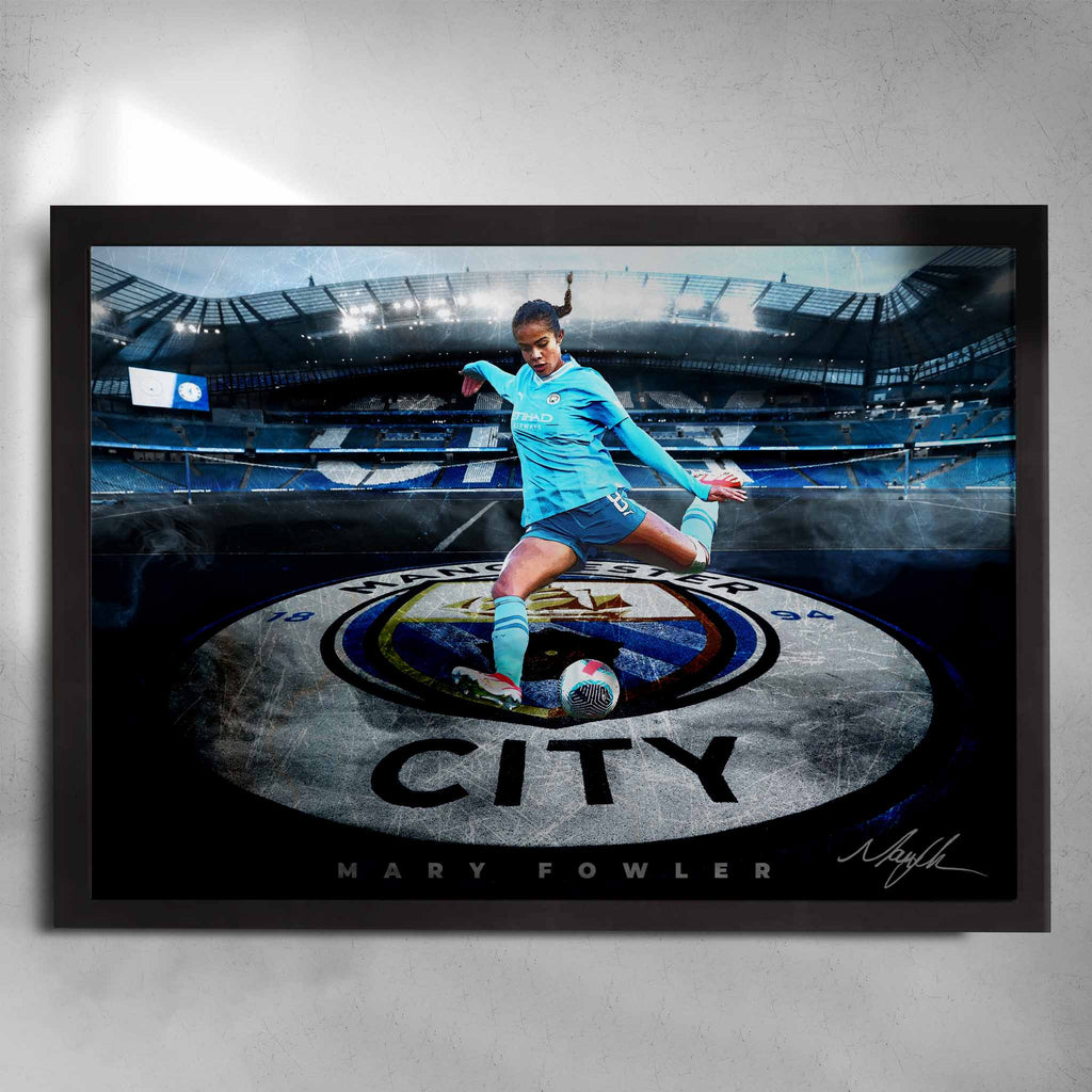 Black framed Mary Fowler Poster, Playing for Manchester City by Sports Cave.