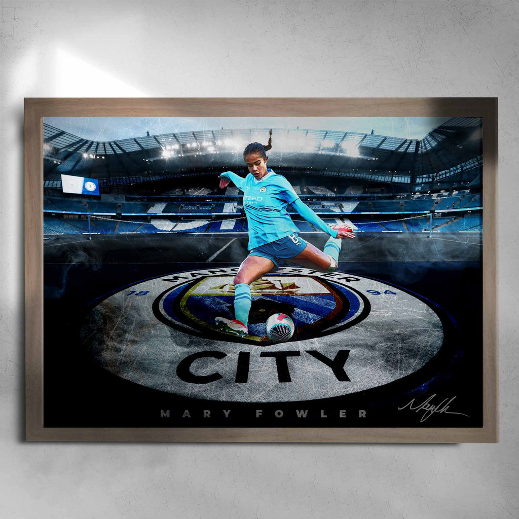 Oak framed Mary Fowler Poster, playing soccer for Manchester City by Sports Cave.