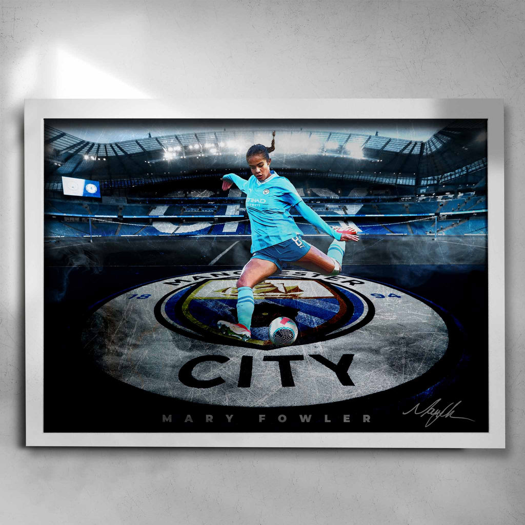 White framed Mary Fowler Poster, playing soccer for Manchester City by Sports Cave.