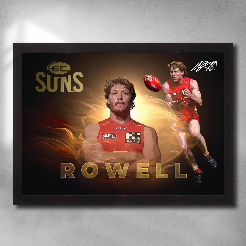 Black framed AFL Poster by Sports Cave, featuring Matt Rowell from the Gold Coast Suns.
