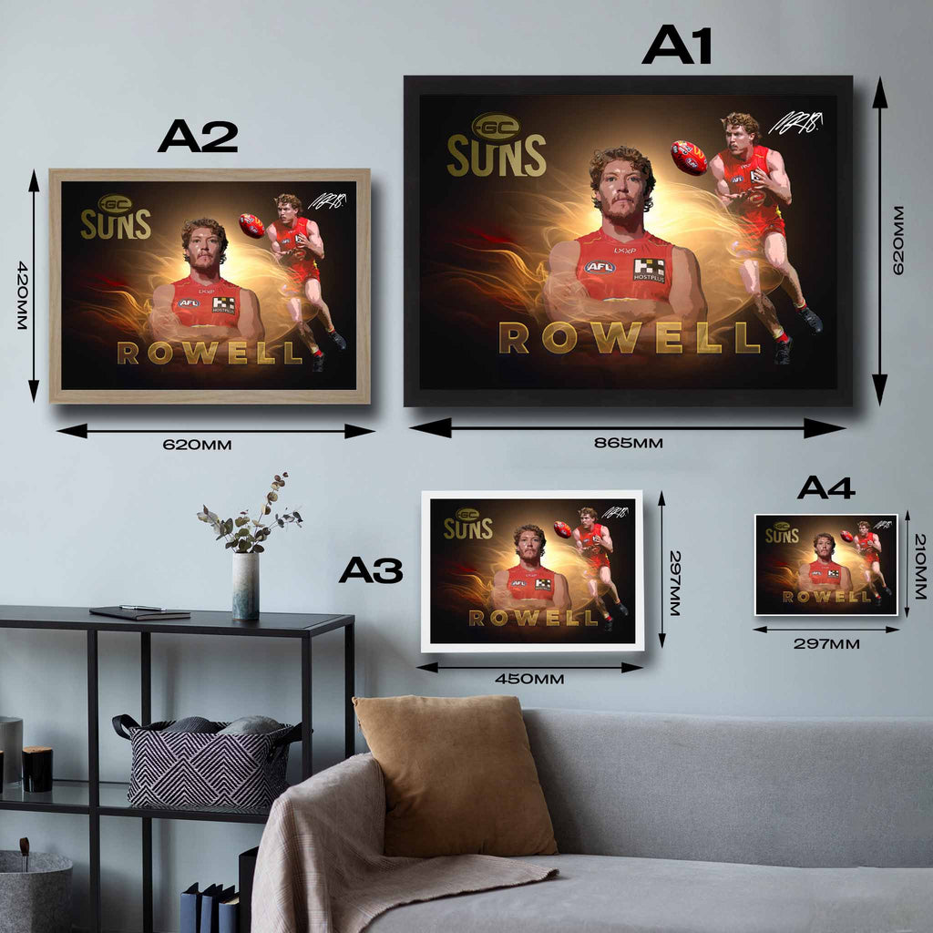 Visual representation of Matt Rowell framed art size options, ranging from A4 to A2, for selecting the right size for your space.