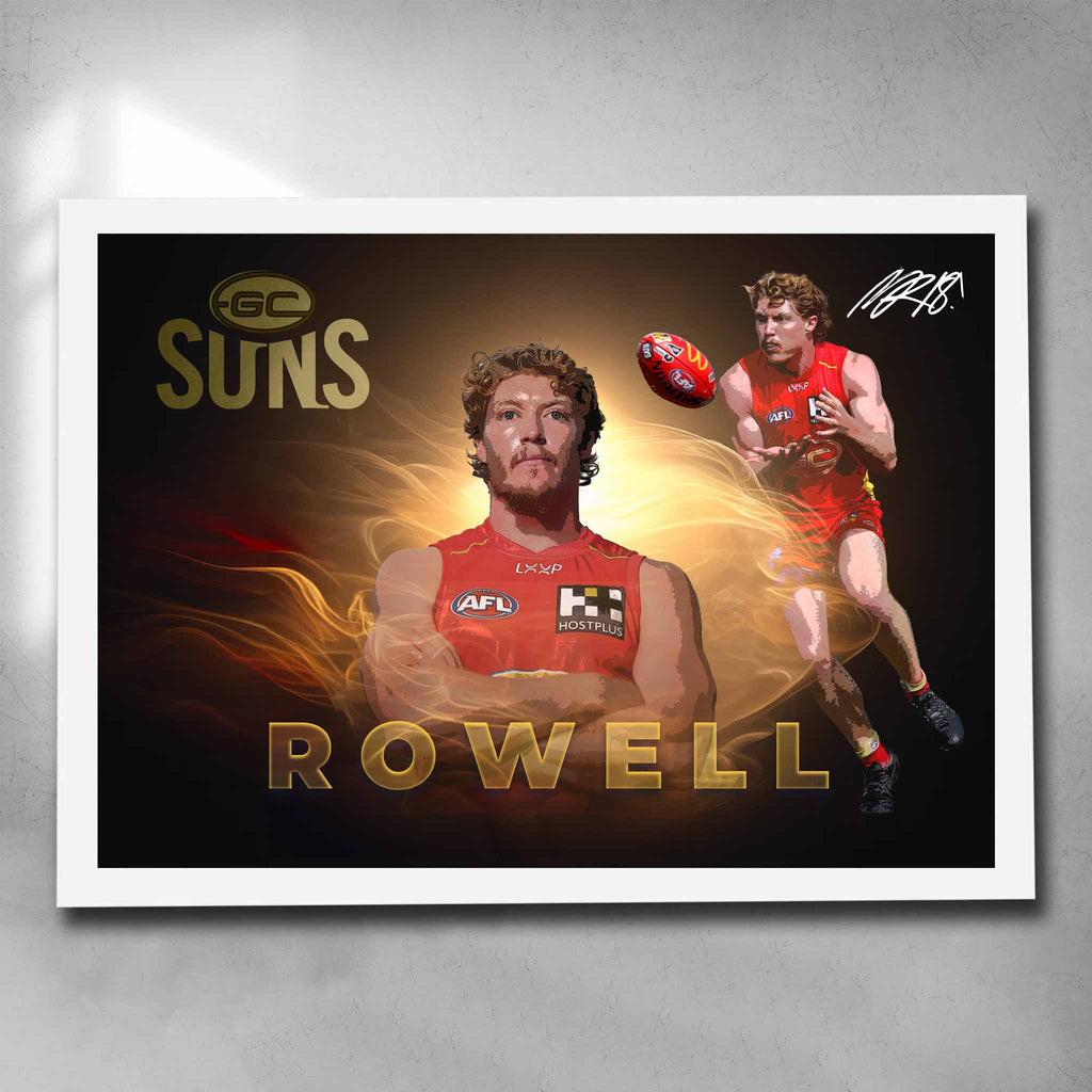 White framed AFL Poster by Sports Cave, featuring Matt Rowell from the Gold Coast Suns.