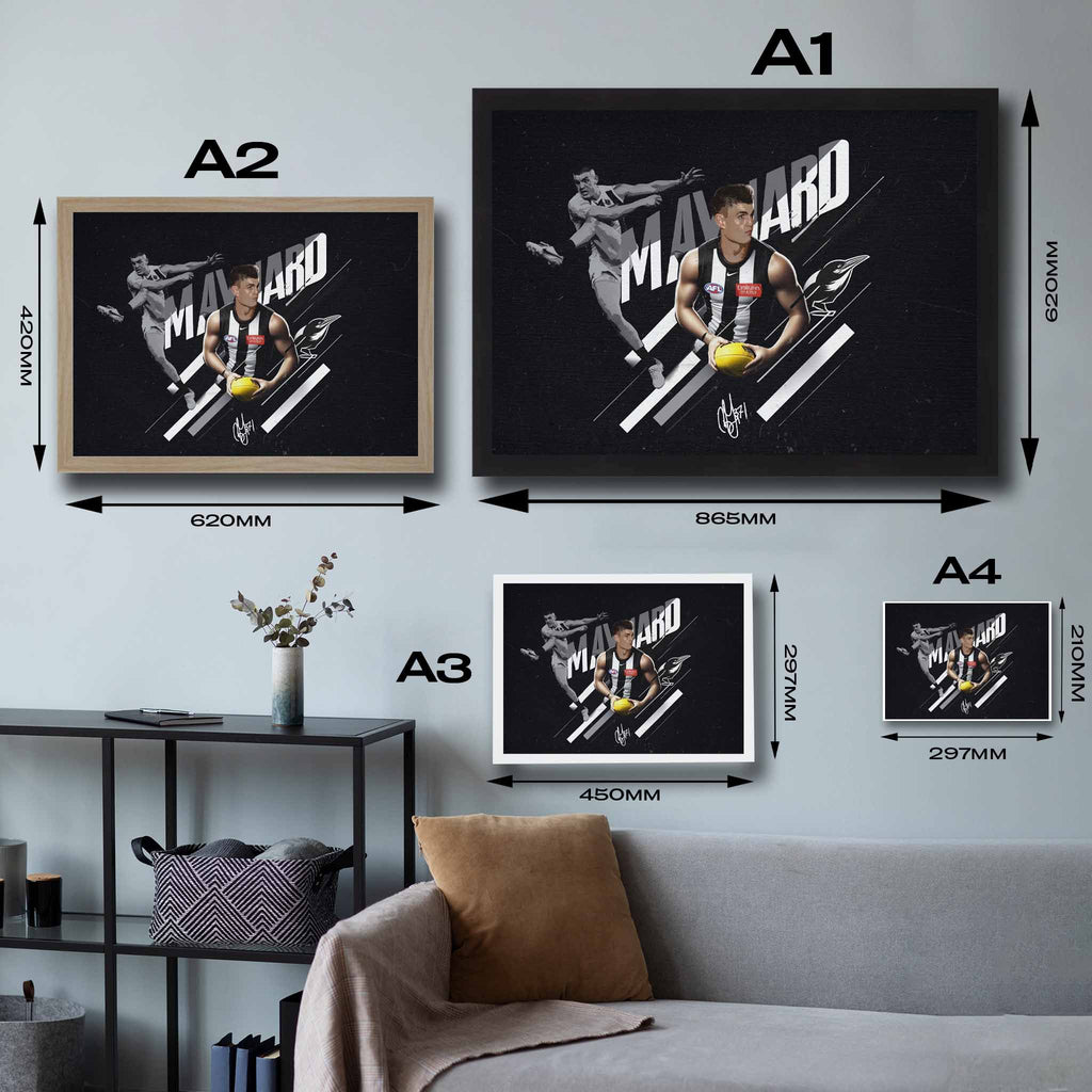 Framed art sizing guide of Brayden Maynard from the Collingwood Magpies.