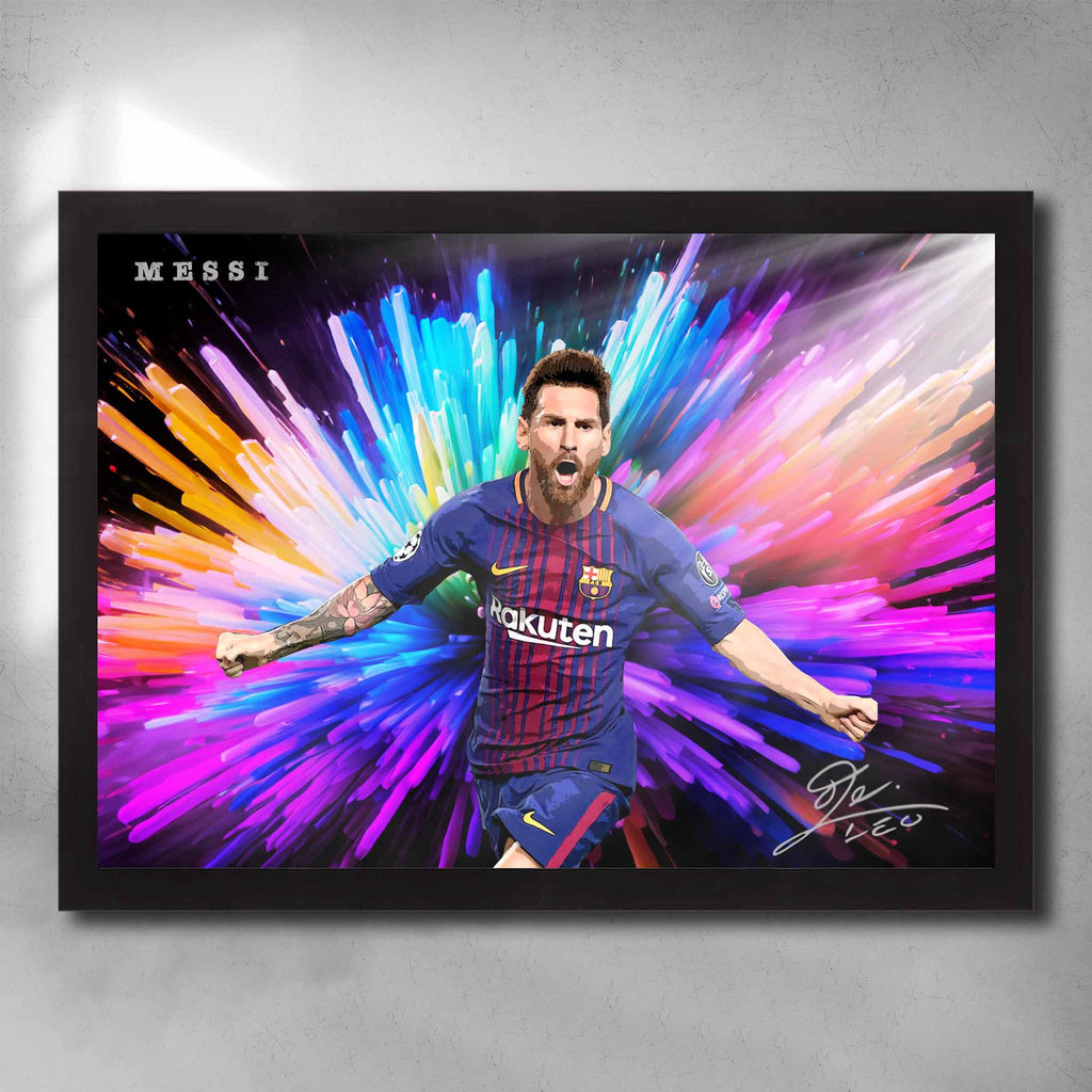 Black framed soccer art by Sports Cave, featuring the legend from Barcelona Lionel Messi.