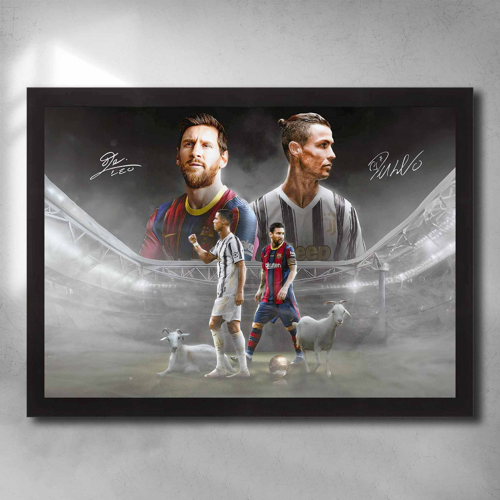 Black framed Messi and Ronaldo G.O.A.T Art Poster by Sports Cave, featuring the football legends with symbolic goats, ideal for fan collections and home decor.