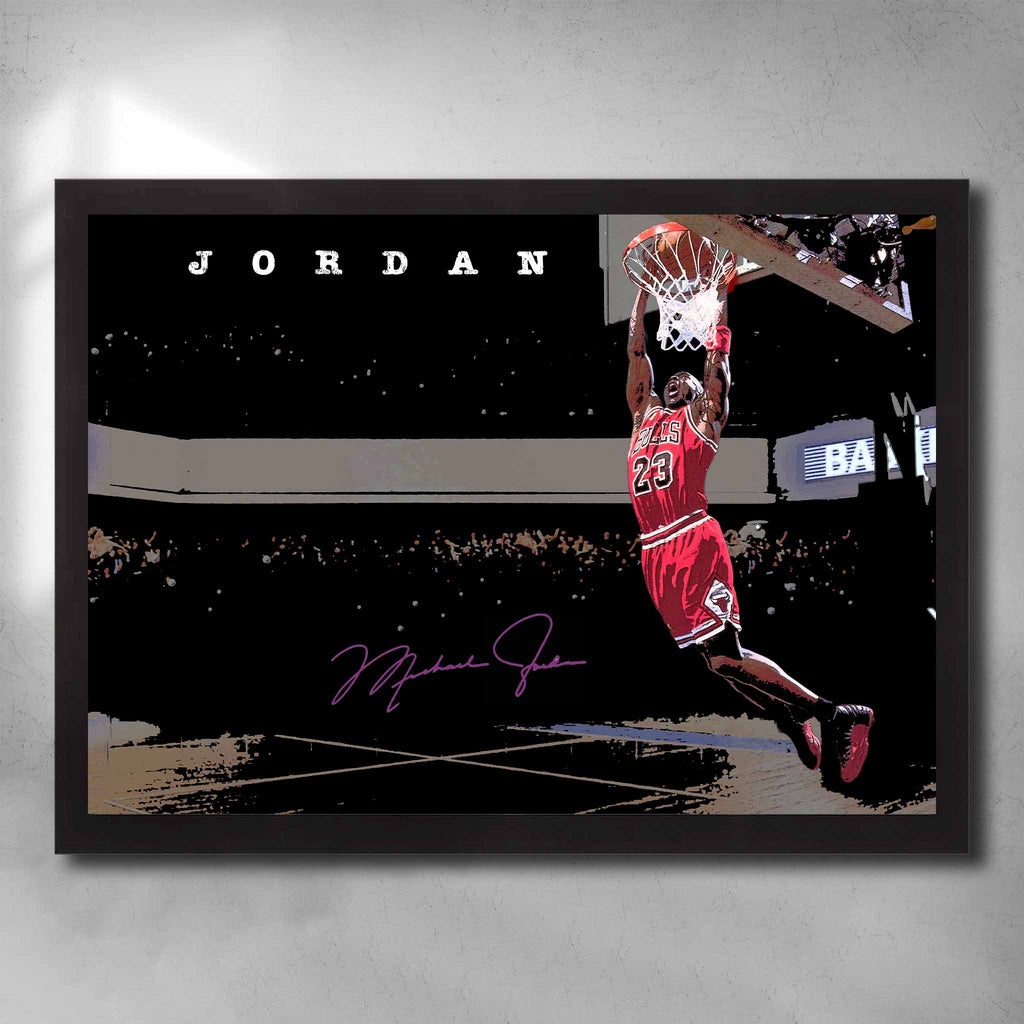 Black framed NBA art by Sports Cave featuring Michael Jordan from the Chicago Bulls.