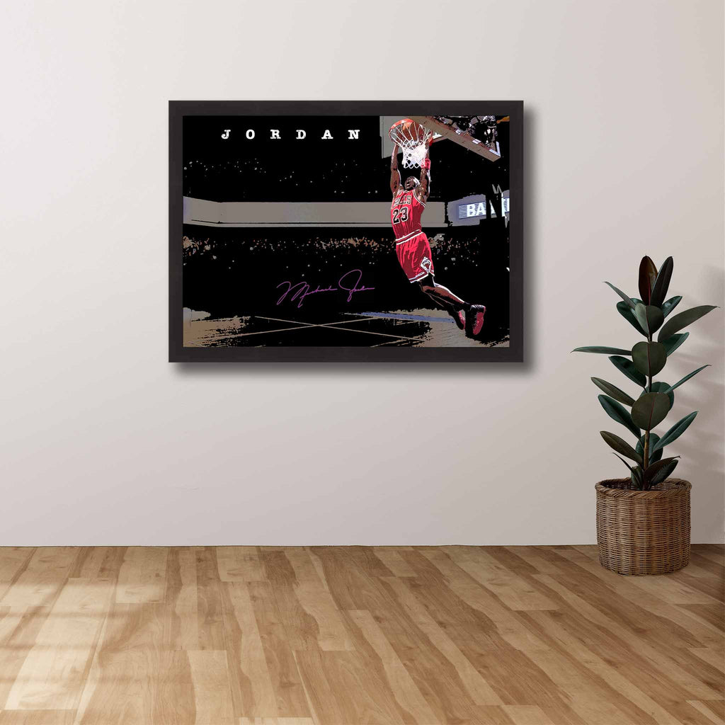 Devoted Chicago Bulls fan's tribute: Michael Jordan framed art proudly displayed on the wall.