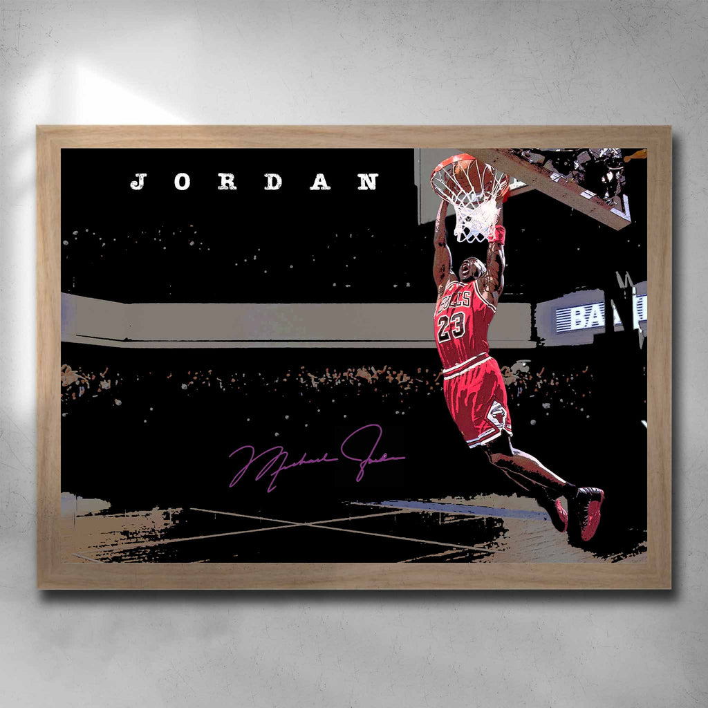 Oak framed NBA art by Sports Cave featuring Michael Jordan from the Chicago Bulls.