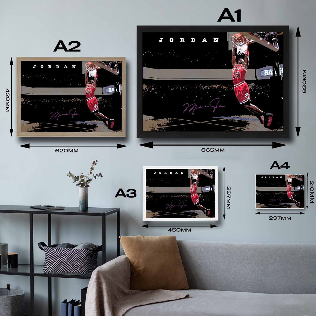 Visual representation of Michael Jordan framed art size options, ranging from A4 to A2, for selecting the right size for your space.