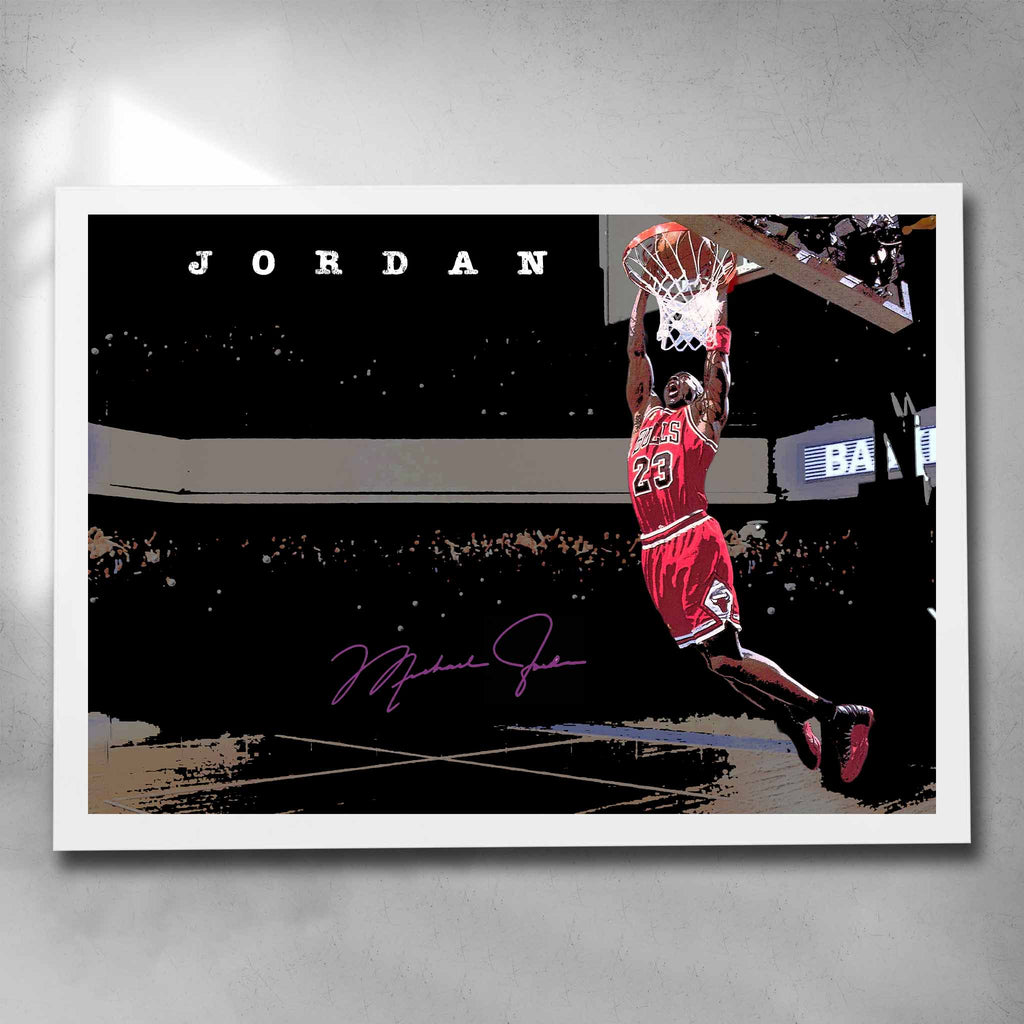 White framed NBA art by Sports Cave featuring Michael Jordan from the Chicago Bulls.