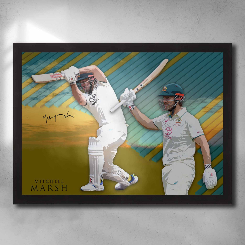 Black framed Mitchell Marsh Art Poster by Sports Cave, showcasing the cricket legend in action, perfect for fans and collectors.