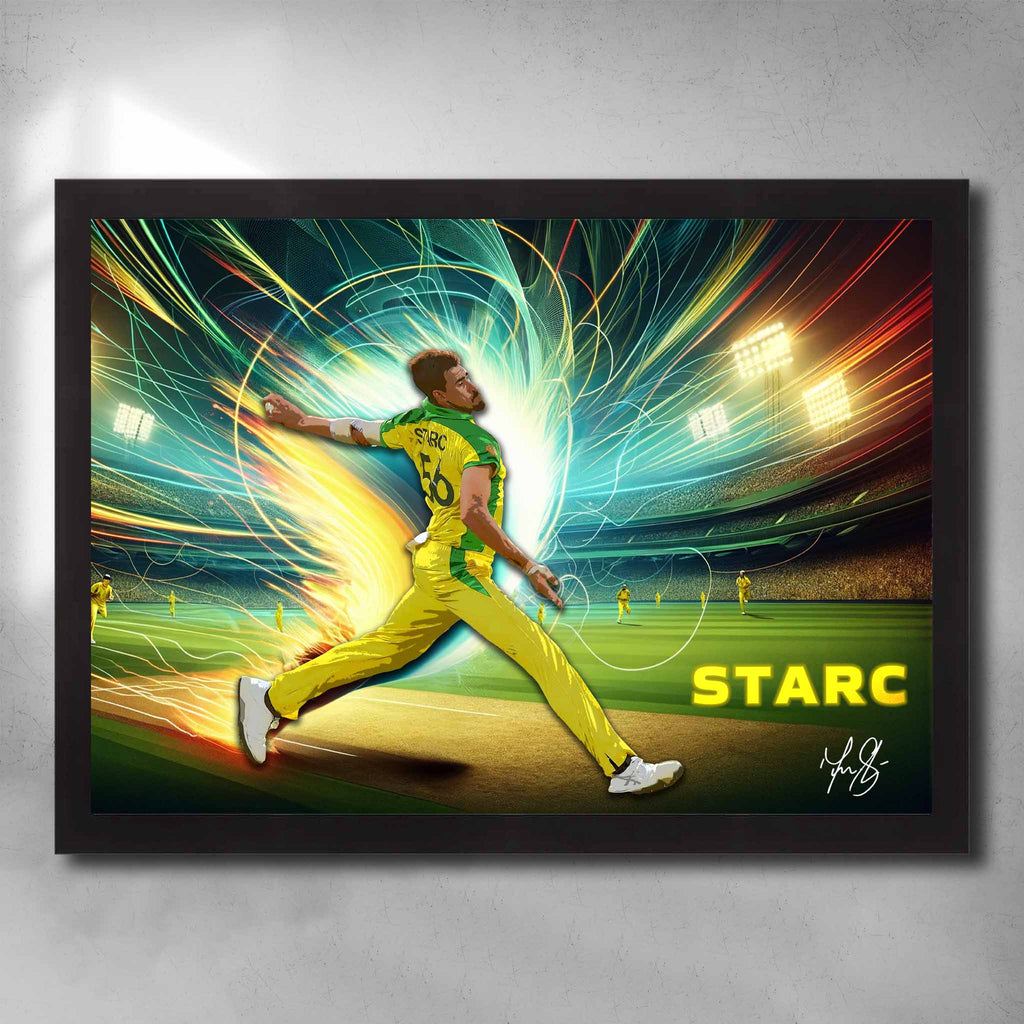 Black framed cricket art featuring a signed print of Mitchell Starc playing in the ODI for Australia - Artwork by Sports Cave.
