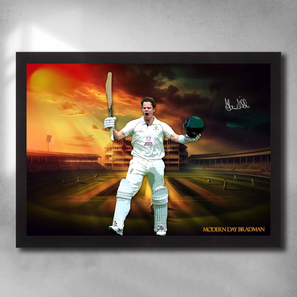 Black framed cricket art by Sports Cave featuring the modern day Bradman, Steven Smith.