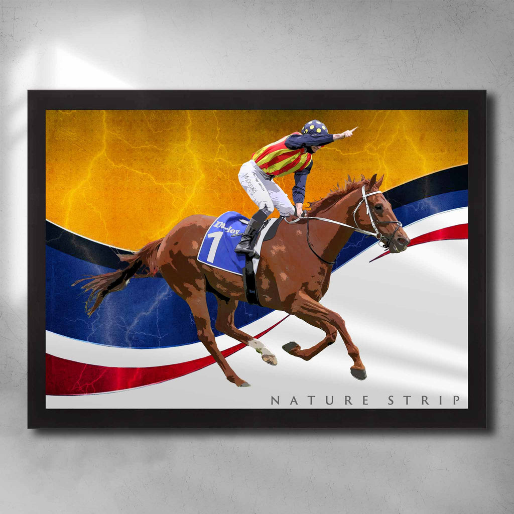 Black framed horse racing art by Sports Cave, featuring the Chris Waller trained racehorse Nature Strip.
