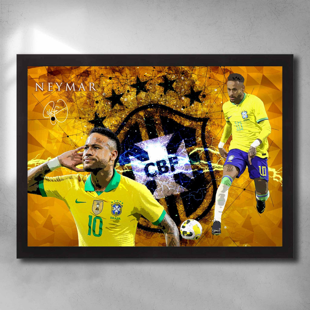 Black framed soccer art by Sports cave, featuring Neymar Jr playing for Brazil. 