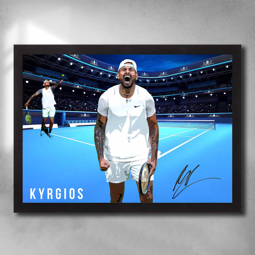 Black framed tennis art by Sports Cave, featuring Australian tennis star Nick Kyrgios.