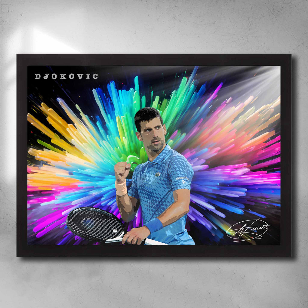 Black framed tennis art by Sports Cave featuring the legend Novak Djokovic.