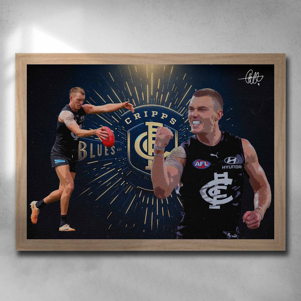 Oak framed AFL art by Sports Cave, featuring Patrick Cripps from the Carlton Blues.