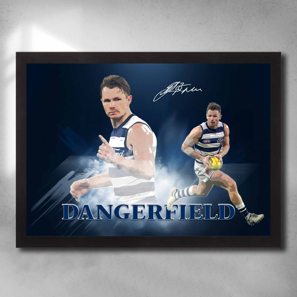 Black framed AFL art by Sports Cave, featuring Patrick Dangerfield from the Geelong Cats.