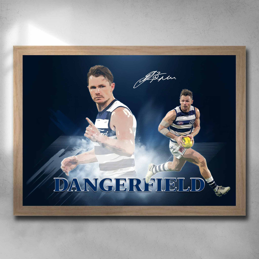 Oak framed AFL art by Sports Cave, featuring Patrick Dangerfield from the Geelong Cats.