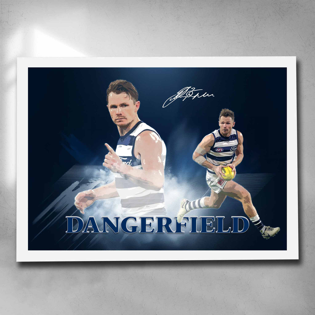 White framed AFL art by Sports Cave, featuring Patrick Dangerfield from the Geelong Cats.