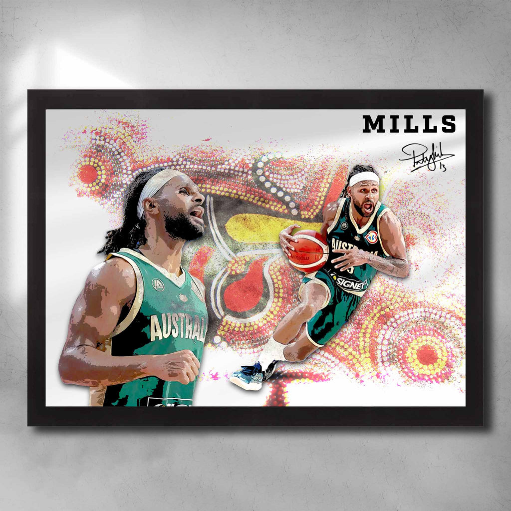 Black framed basketball art by Sports Cave featuring Patty Mills from the Australian Boomers