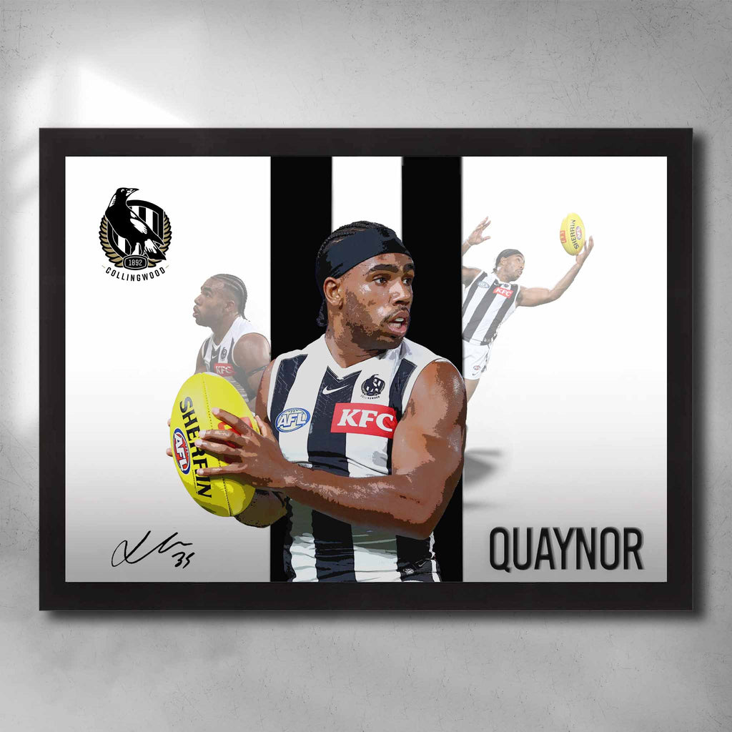 Black framed AFL Poster by Sports Cave, featuring Isaac Quaynor from the Collingwood Magpies.