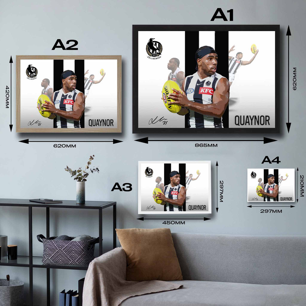 Visual representation of Issac Queynor framed art size options, ranging from A4 to A2, for selecting the right size for your space.