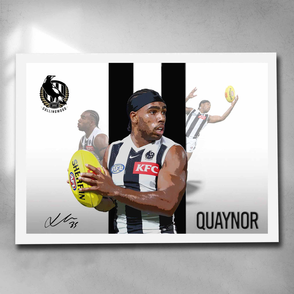 White framed AFL Poster by Sports Cave, featuring Isaac Quaynor from the Collingwood Magpies.