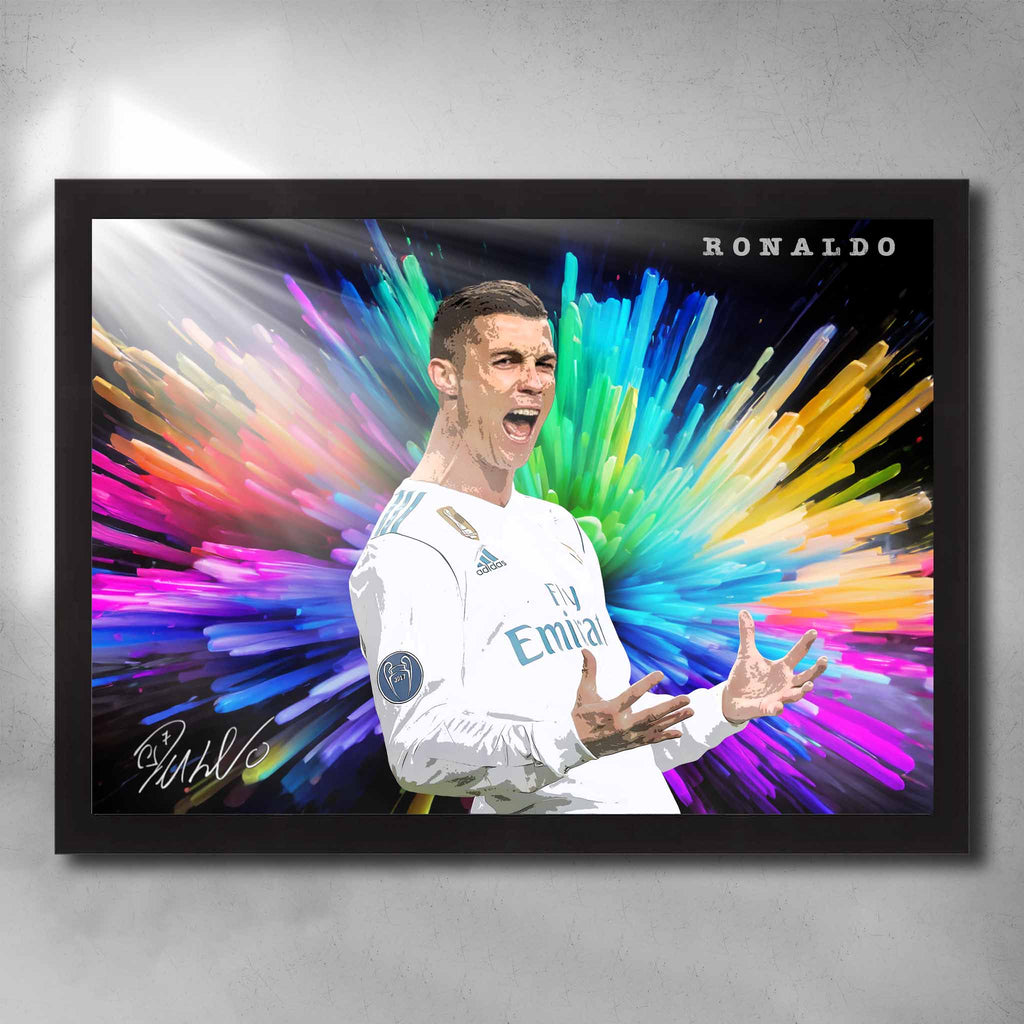 Black framed soccer art by Sports Cave, featuring soccer legend Cristiano Ronaldo.