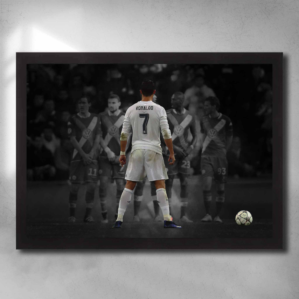 Black framed soccer art by Sports Cave, featuring Cristiano Ronaldo taking a free kick.